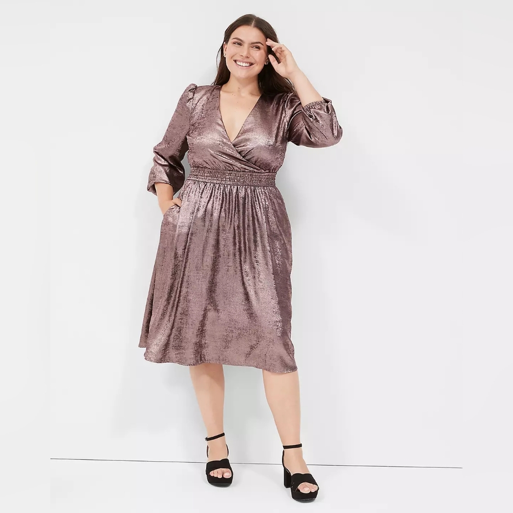 ***Lane Bryant Sleeve Rose Metallic Midi Dress size 14/16***